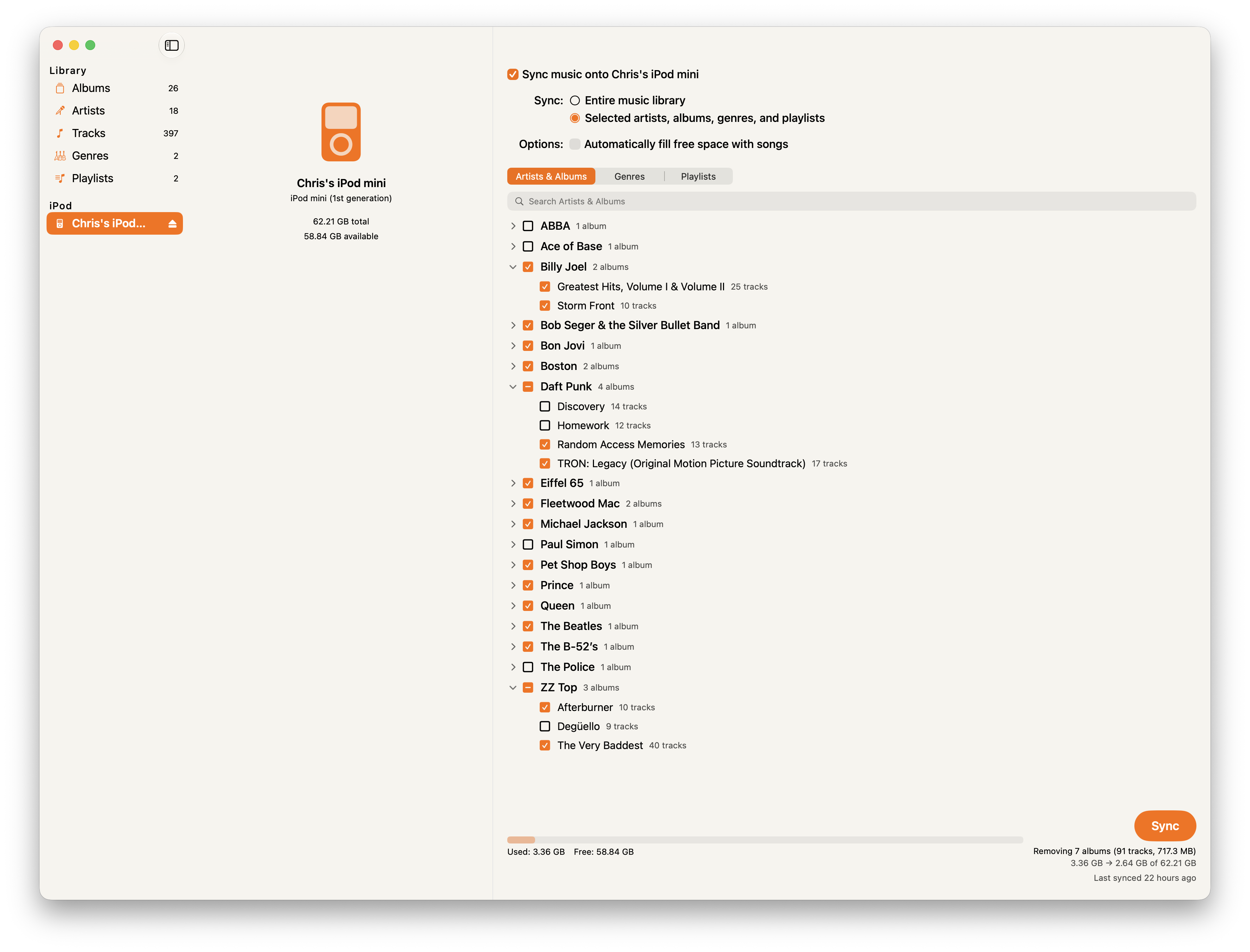Streamless syncing music to an iPod — picking artists and albums in the selection tree